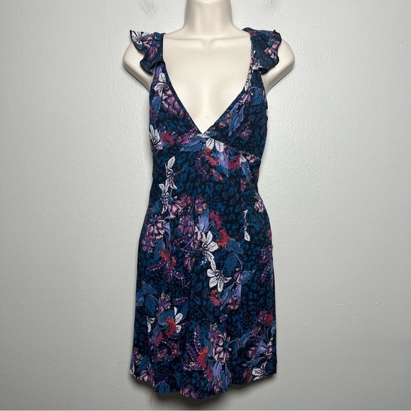 Free People Women Dress XS Blue Floral Deep V Josie Mini Date Night‎ Summer - Picture 6 of 12